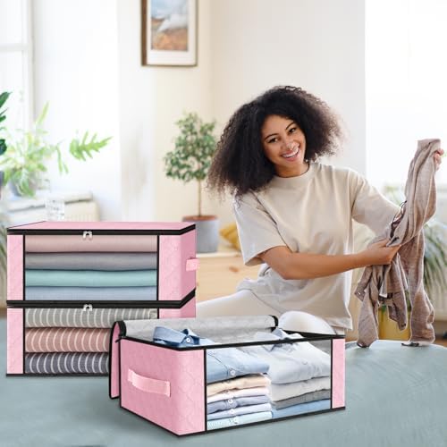 HomeHacks 3-Pack Clothes Organizer Storage Bags, 35L Storage Bins, Pink | Foldable Storage Box Container with Zippers, Clear Window, Reinforced Handles for Closet, Dorm, Pillows, Bedding, Sweater - Image 7