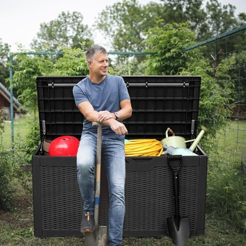 Greesum 100 Gallon Resin Deck Box Large Outdoor Storage, Imitation Rattan Weave Texture for Patio Furniture, Garden Tools, Pool Supplies, Weatherproof and UV Resistant, Lockable, Dark Black - Image 2