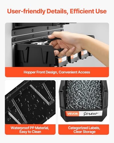 VEVOR Wall Mounted Storage Bins, 12 Plastic Bins & 3 Metal Rails, Plastic Hanging Stackable Storage Bin for Screws, Nuts, Bolts, Nails, Hardware Tool Organizer for Workshop, Craft Room, Garage, Black - Image 6
