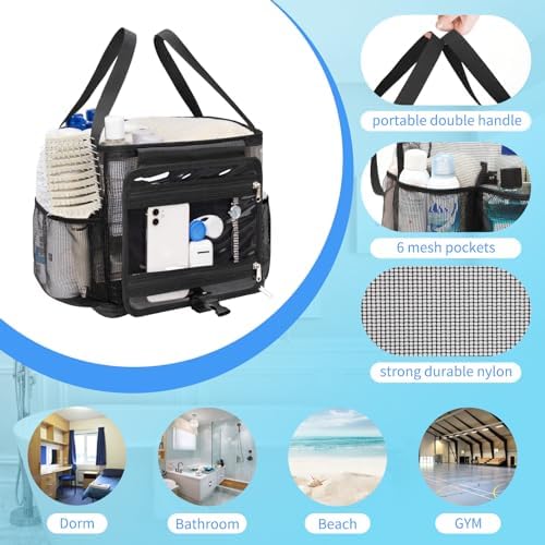 CUBETASTIC Mesh Shower Caddy Portable, Quick Dry Hanging Toiletry Bag for College Dorm Essentials with 4 Pockets/Divider/Plastic Bottom, Travel Tote Bag for Camping, Bathroom, Beach, Swimming, Gym - Image 2