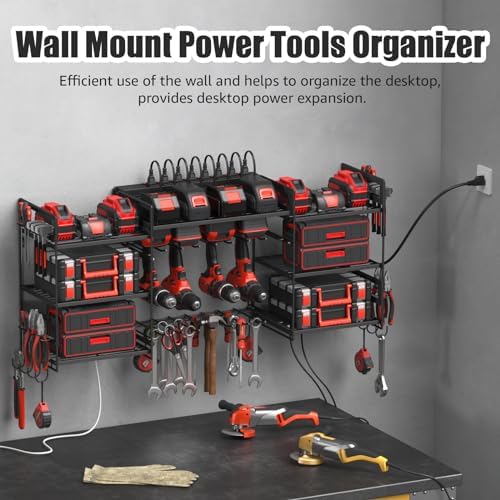 CCCEI Black Power Tool Organizer Wall Mount, Large Tools and Battery Storage Rack Charging Station Individual Switches. Drills Holder, Garage Utility Shelves with 10FT Power Strip. Gift for Men. - Image 3