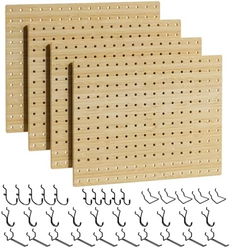 VOIMO Bamboo Peg board Wall Organizer, 4 Panels, 16 x 12 in, 35 Hooks by VOIMO