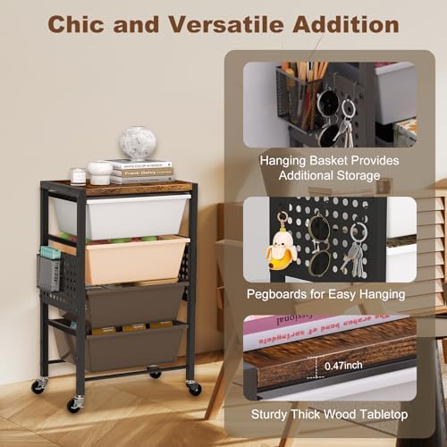 Rolling Cart with Drawers, Rolling Storage Cart with Large Plastic Drawers & Wooden Tabletop, Utility Cart with Pegboards & Basket, Storage Drawers Cart for Living Room, Classroom, Bedroom, Office - Image 5