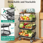 SAYZH 4-Tier Fruit and Vegetable Basket Stand for Kitchen, Wood Top, Black - Image 4