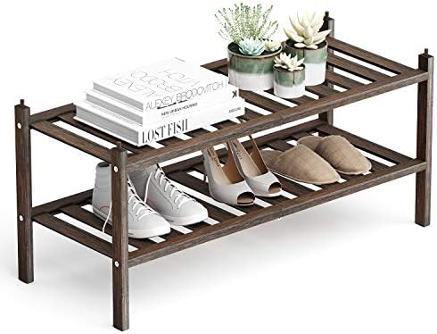 Dranixly Bamboo 2-Tier Shoe Rack Stackable Shelf Storage Organizer for Entryway, Hallway and Closet, 27.2"x11"x13.2" (Mocha) by Dranixly