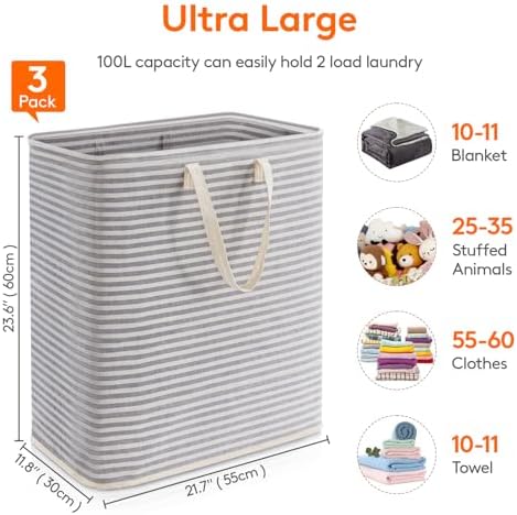 Lifewit 100L Large Laundry Baskets, 3 Pack, Reinforced Handles, Grey | Collapsible Laundry Hamper, Dirty Clothes Hamper, Waterproof Freestanding Design for Dorm, Laundry Room, Bedroom, Bathroom - Image 4