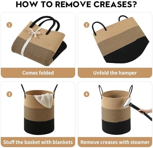 Laundry Basket Hamper Tall Rope Storage Woven for Blanket toys Dirty Clothes in Living Room Bathroom Bedroom (Jute Brown & Black, 80L/21.3Gal) - Image 6