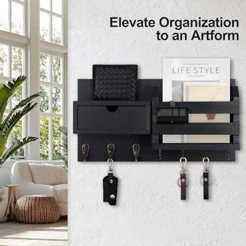 Lwenki Wall Mount Key Holder with Mail Organizer, 100% Paulownia Wood, 7 Metal Hooks, Storage Drawer, Entryway Home Decor (Black) - Image 3
