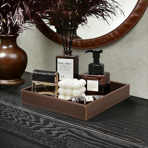 HofferRuffer Faux Leather Vanity Tray, Elegant Desktop Storage Organizer, Decorative Catchall for Perfume, Bathroom Valet, Nightstand or Dresser, 10 x 10 x 1.8 inches (Brown) - Image 3