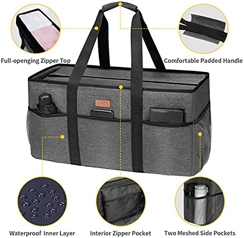 LHZK Stand Up Extra Large Utility Tote Bag with Lid, Utility Tote Bag with Metal Wire Frame and the Sides Rinforced, Reusable Grocery Bags Foldable, Beach Bag, Car Tote (Gray) - Image 5