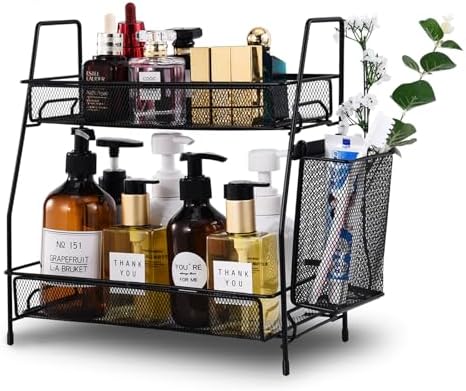 LEMIKKLE 2-Tier Bathroom Countertop Organizer,Skincare, Makeup Countertop Organizers, Kitchen, Bathroom Counter Storage with Small Basket (Black) by LemikkleDirect
