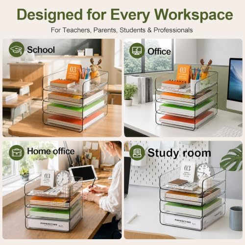 FANXIYQ 4-Tier Acrylic Paper Tray Organizer, Clear Stackable Desk File Organizer for Documents, Files, Letters, A4 Paper, Books, Notes, Mail & Paper Storage, Office Classroom Home - Image 5