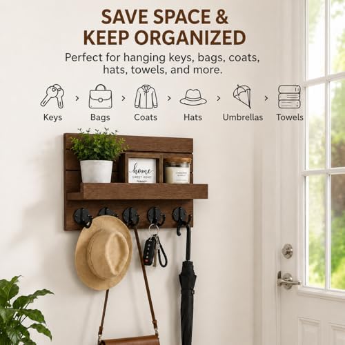 Key Holder for Wall, Decorative Key and Mail Holder, Key Holder Wall Mount with Shelf and Large Hooks, Easy Installation Key Rack for Entryway and Home Decor - Image 3