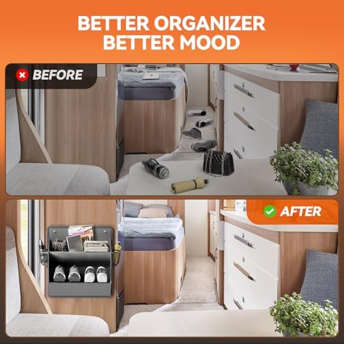 2 Pack RV Shoe Storage with Sticky Adhesive Tape, Over the Door Shoe Rack, Wall Hanging Shoe Organizer with Large Deep Pockets for Camper, Narrow Space Saving Closet Organizers - Grey - Image 3