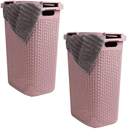 Mind Reader Slim Laundry Hamper with Lid, 60L Tall Clothes Basket, Narrow Tapered Design for Bathrooms, Closets and Laundry Rooms, Plastic, 2 Pack, Pink by MindReader