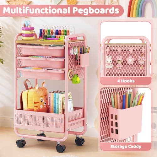 KINGRACK 3 Tier Rolling Cart with Drawer, Metal Utility Storage Cart, Pink | 3 Drawers, Pegboard & Wood Tabletop, Lockable Wheels, 4 Hooks & 1 Bin, for Living Room,Bedroom,Craft Room,Office,Kids Room - Image 4