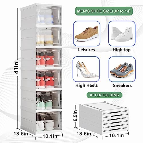Shoe Storage Organizer Box 6-Tier Foldable Collapsible Stackable Shoe Rack Bins, Fit Size 12, No Assembly, for Men and Women - Image 2