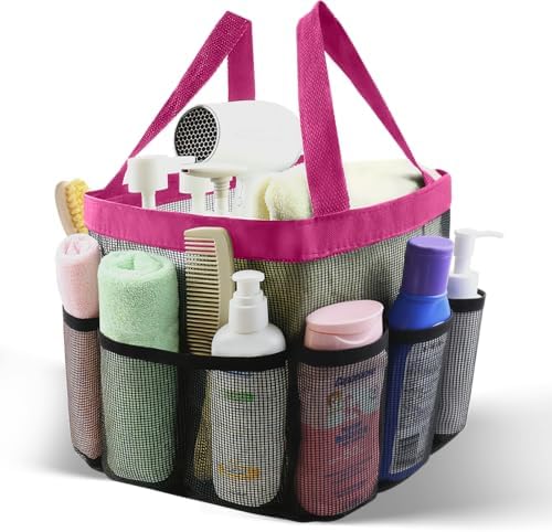 Mesh Shower Caddy Portable, Shower Tote Bag for Dorm Room Essentials, 8 Pockets Large Shower Basket for College Gym Beach Camping (1, Rose Red) by ASBEFORE