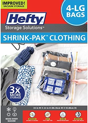 Hefty Shrink-Pak - 4 Large Vacuum Storage Bags for Clothes, Pillows, Towels, or Blankets - Space Saver Vacuum Sealer Bags Ideal Under Bed Storage Solutions by HeftyShrinkPak