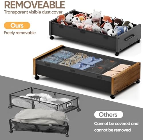 KITHELP Wooden Under Bed Storage with Wheels, Rolling Under the Bed Storage Bins with Removable Lid, Metal Under Bed Drawers for Clothes and Shoes in Bedroom or Living Room(Black Wood-2pack) - Image 5