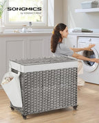 SONGMICS Rolling Laundry Hamper with Lid, 160 L 3-Section Synthetic Rattan - Image 2