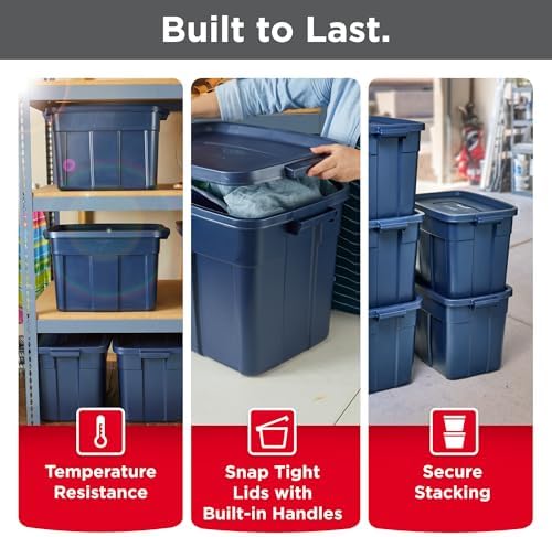 Rubbermaid Roughneck Tote 18 Gal, 6 Pack, Made in USA, Dark Indigo Metallic, Rugged Plastic Stackable Storage Bins with Lids and Handles - Image 3