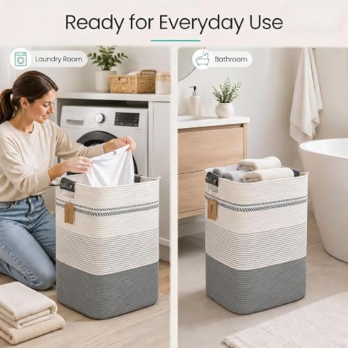 Laundry Hamper, Cotton Rope Laundry Basket with Leather Handles, 25.1-Gallon/95 L Large Clothes Hampers for Laundry, Woven Laundry Baskets for Blankets, Clothing, Bedroom, Living Room, Nursery - Image 3