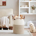 VIPOSCO Tall Laundry Basket, Large Dirty Clothes Hamper with Leather Handle, Woven Rope Storage Basket for Blanket, Toy In Living Room, Bathroom, Bedroom - 58L White & Brown - Image 2