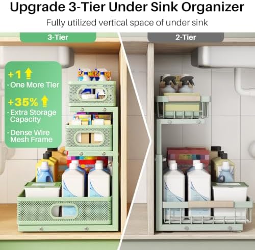 Kitstorack Under Sink Organizer, 1-Pack 3-Tier Height Adjustable Thickened Metal Pull out Cabinet Organizer Shelf, Slide out Storage Drawer Rack for Bathroom Kitchen Pantry Home Organization, Green - Image 3