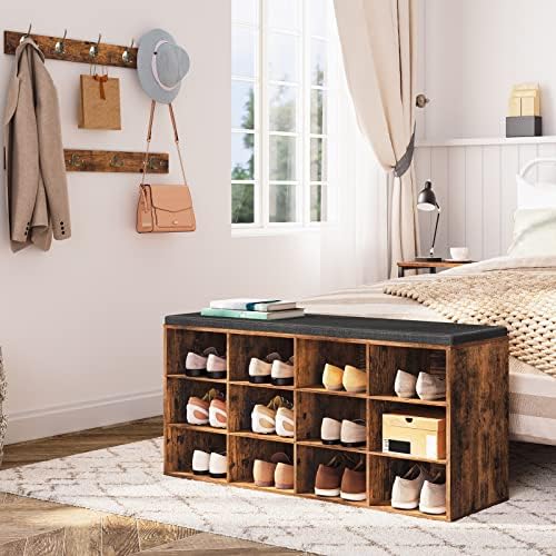 HOOBRO Shoe Storage Bench with Cushion, 39.4" L Entryway Bench with 12 Cubbies, Entryway Hall Tree with Storage, Shoe Cabinet with Coat Rack for Bedroom, Hallway, Holds up to 330 lb, BF112HX01G1 - Image 5