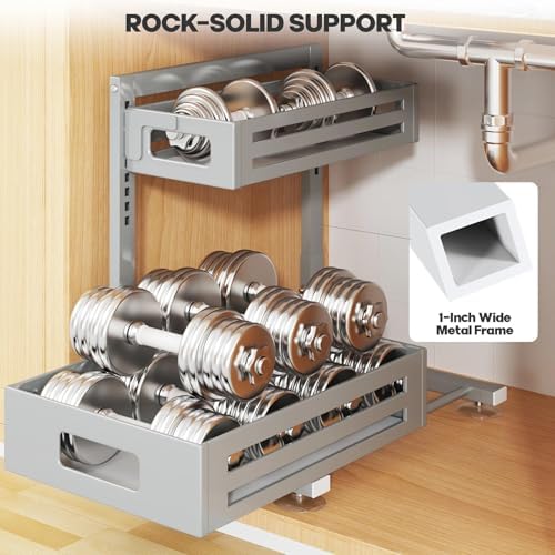 2 Pack Under Sink Organizer,Pull Out Cabinet Organizer With Smooth Cylindrical Rail,Metal Slide Out Drawer for Kitchen Bathroom Laundry Cabinet,8-Level Tool Free Height Adjustable-Gun Gray - Image 3