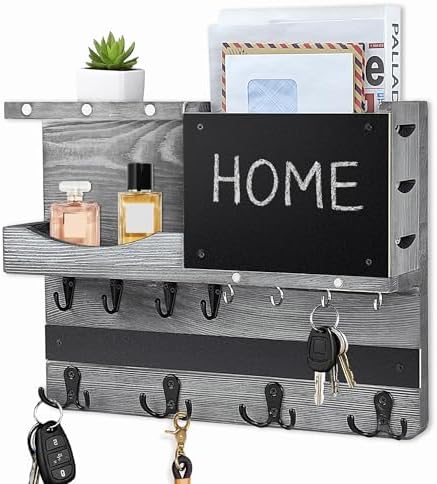 Key Holder Wall Mount with Shelf, Key Hooks for Wall, Washed Gray by HEKOOLA