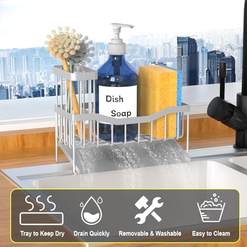 Maifan Sink Caddy Sponge Holder for Kitchen with Brush Holder and Stainless Steel Self Drain Tray, Rustproof Kitchen Sink Organizer for Sponge, Soap Dispenser Storage Accessories (Lacquer Silver) - Image 3