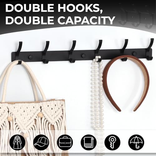 Wall Mount Coat Rack 2 Pack, Black Coat Hooks Hanger with 6 Double Hooks - Image 4