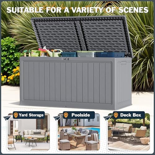 Greesum 260 Gallon HDPE Outdoor Storage Box - Waterproof, Large Capacity Deck Box with Removable Dividers for Patio, Yard, Garden Tools, Light Grey - Image 4