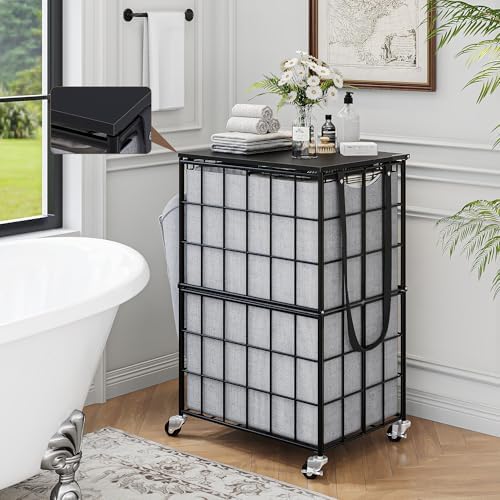 90L Laundry Basket with Wheels, Large Capacity Laundry Hamper with Removable Liner Bags, Heavy Duty Laundry Sorter with Solid Wood Lid & Leather Handles, Grey - Image 7