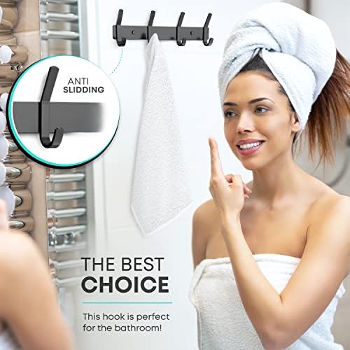 Coat Rack Wall Mount – 12 Inch Stainless Steel Hook Rail with 4 Double Coat Hooks for Hanging – Wall Mounted Entryway Organizer for Coats, Hats, Bags, Towels, Robes, Closet or Bathroom - Black - Image 5