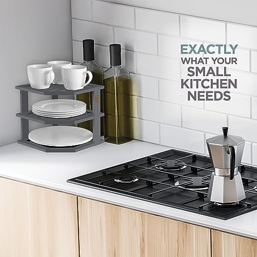 Grey Plate Organizer for Cabinet - 3 Tier Gray Bamboo Corner Cabinet Organizer Shelf for Plates Bowls Mugs Cups, Kitchen Cabinet Organizer, Cabinet Shelf Organizer, Countertop Rack, 10 x 10 x 9.5 Gray - Image 2
