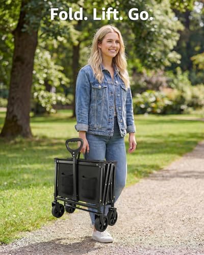 30.3" Long Collapsible Grocery Wagon Cart with Wheels 300LBS Heavy Duty Foldable Wagon for Groceries Shopping Outdoor Apartment Portable Folding Utility Grocery Trolley, Black, L - Image 4