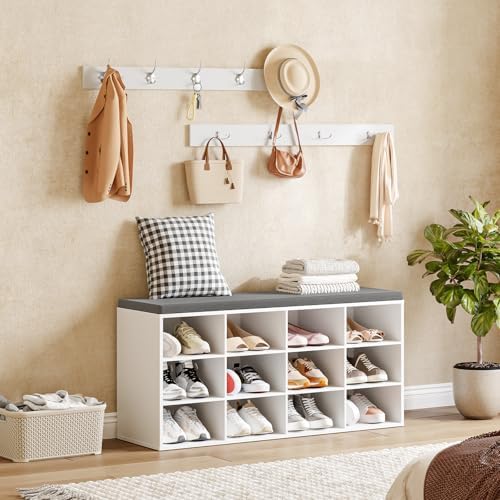 HOOBRO Shoe Storage Bench with Cushion, 39.4" L Entryway Bench with 12 Cubbies, Entryway Hall Tree with Storage, Cubby Shoe Rack Bench with Coat Rack for Hallway, Holds up to 330 lb, White WT112HX01 - Image 4