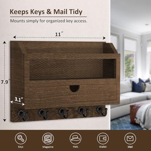Nekon Key and Mail Holder for Wall, Key Organizer with Drawer, Brown - Image 6