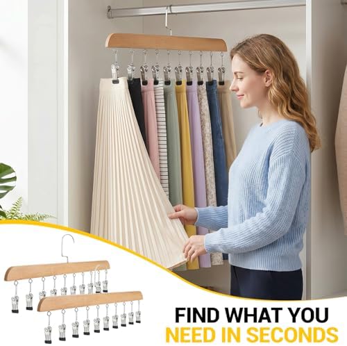 2-Pack Pants Hangers with Clips – 10 Clips Each, Space Saving Closet Organizer Hanger for Leggings, Jeans, Hats, Shorts, Belts, Scarves – Closet Organizer(2, Wood) - Image 6