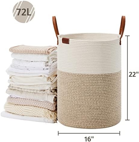 VIPOSCO 72L Tall Woven Rope Laundry Hamper, Leather Handles, White & Brown - Image 5