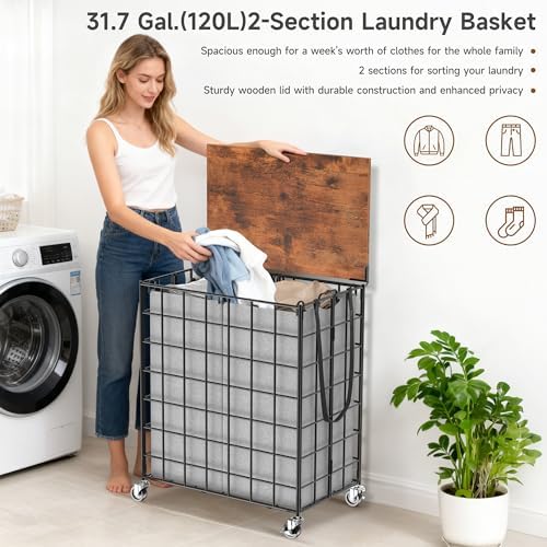 Laundry Basket with Wheels, Heavy Duty Laundry Sorter 2 Sections, 120L (32Gal.) Large Capacity Laundry Hamper with Wood Lid, 360 Rolling Wheels, Extra Side Pocket, Leather Pull Handle, Grey - Image 6