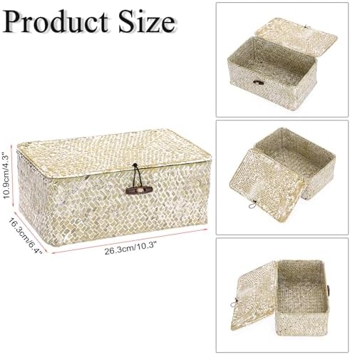 Hipiwe Small Woven Wicker Shelf Basket Bin with Lid Natural Seagrass Basket - Image 2