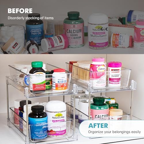 2 Pack Clear Bathroom Organizers and Storage, 2 Tier Pull Out Under Sink Cabinet Organizer Plastic Drawer Organization and Storage for Bathroom and Kitchen - Image 5