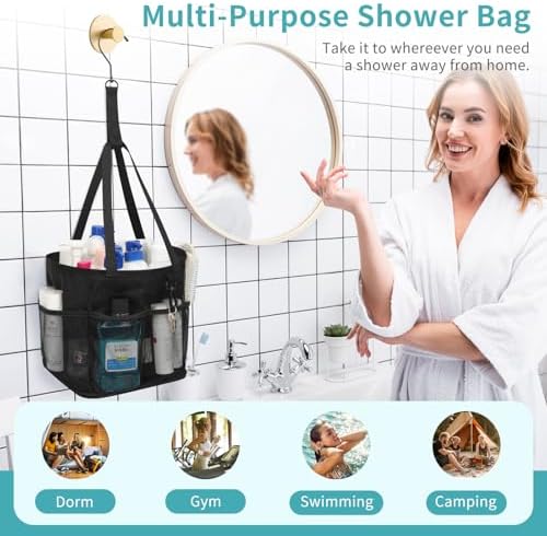 Mesh Shower Caddy Portable for College Dorm Room Essentials, Shower Tote Bag with Hanging Hook and Drawstring, Quick Dry Toiletry Bag with 6 Pockets for Bathroom, Swimming, Gym, Camping, Beach, Travel - Image 6