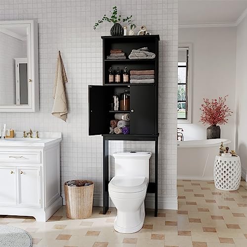 Over the Toilet Storage Cabinet for Bathroom, 75in Black Over Toilet Cabinet Freestanding Storage Organizer, Space Saver with Doors and Adjustable Shelf, Black - Image 3