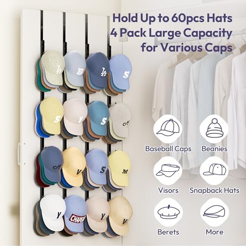 SWTYMIKI Over Door Hat Rack - 4 Packs Metal Hanging Hat Organizer with 16 Hooks Design, Baseball Cap Hanger Organizer Storage Holds up to 80 Caps for Door, Bedroom, Closet - Image 3