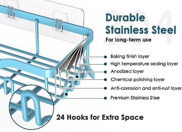 NESOMI Shower Caddy Adhesive Shower Organizer 8-Pack, Rustproof Stainless Steel Bathroom Shelves, Large Capacity No-Drill Rack Storage Accessories with Soap Dish Toothbrush Holder Hooks - Image 3